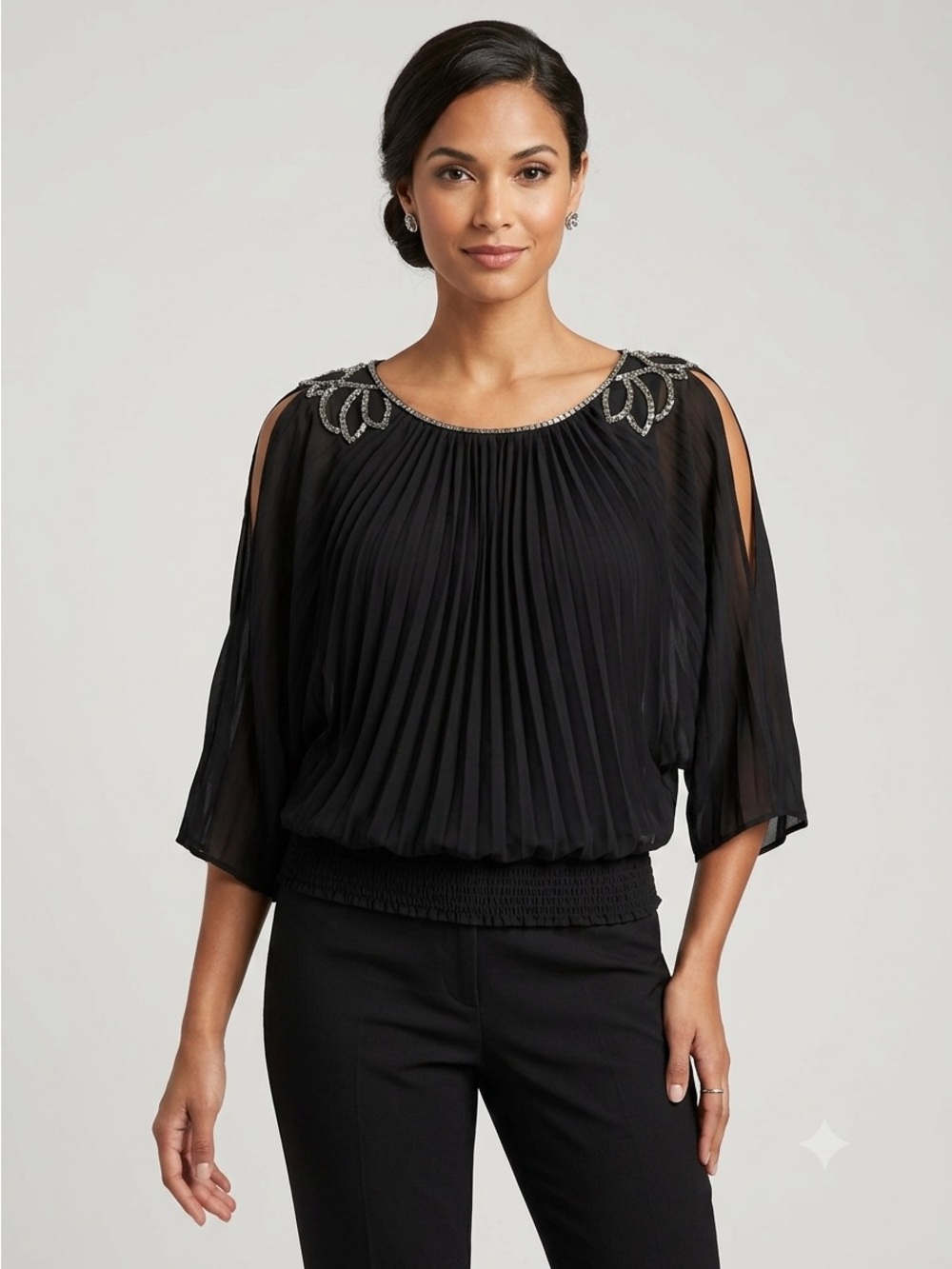 ECI New York Black Pleated Chiffon Blouse Beaded Neckline 3/4 Sleeve Size L
